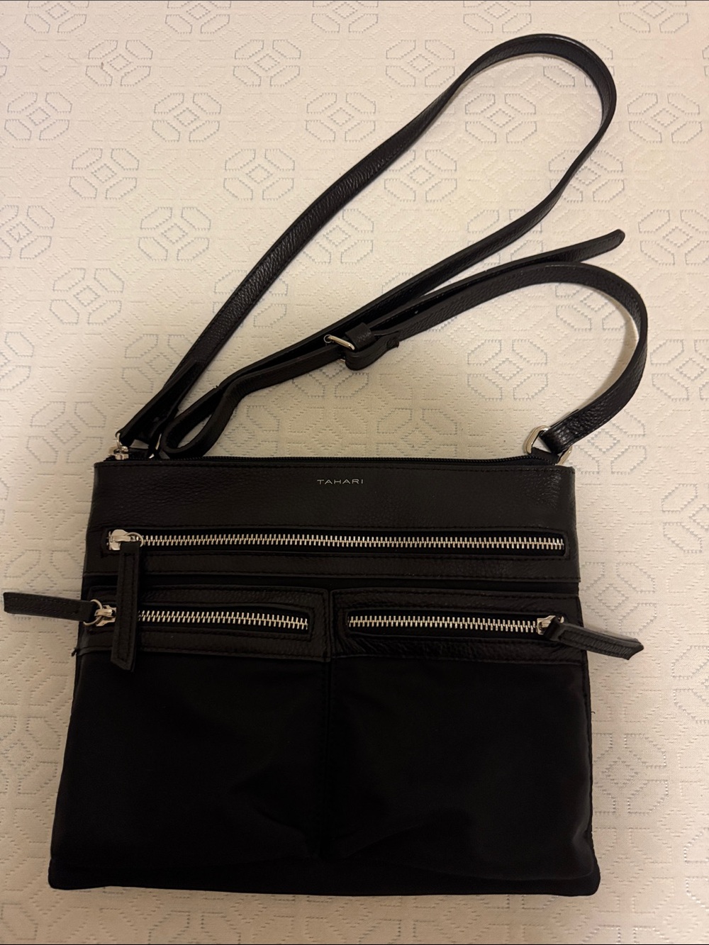 Tahari Black Crossbody Bag with Silver Zippers